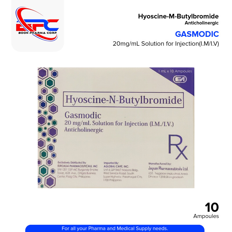 GASMODIC Hyoscine N Butylbromide 20mg/ml Solution for Injection (IM/IV) Anticholinergic 1ml x 10 Ampoules