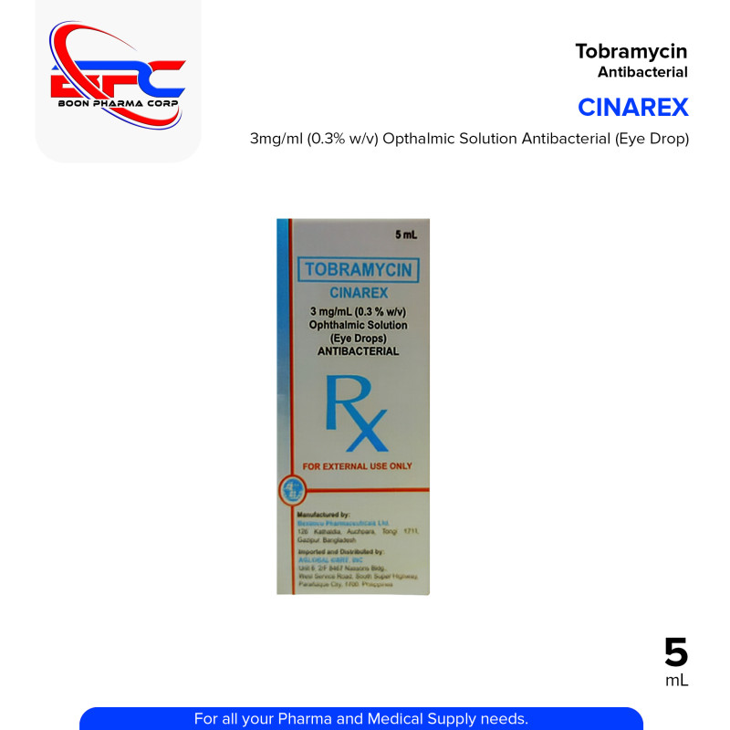 CINAREX Tobramycin 3mg/ml (0.3% w/v) Opthalmic Solution Antibacterial (Eye Drop) 5ml
