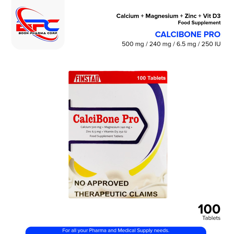 CALCIBONE PRO Calcium 500mg + Magnesium 240 mg + Zinc 6.5 mg + Vitamin D3 250 IU Food Supplement Tablet 100's