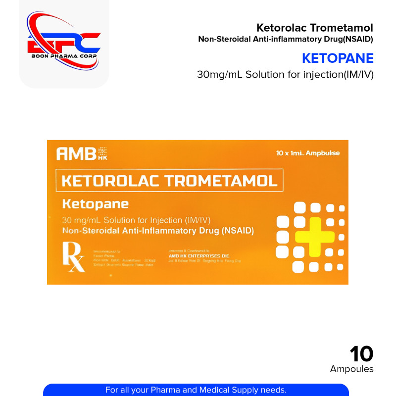 KETOPANE Ketorolac Trometamol 30mg/ml Solution for Injection (I.M/I.V) Non Steroidal Anti Inflamatory Drugs 10 x 1ml Ampoules