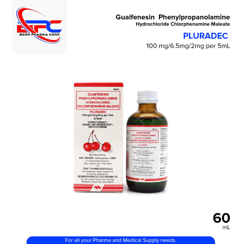 GUAIFENESIN Pluradec Phenylpropanolamine Hydrochloride Chlorphenamine Maleate 100mg/6.5mg/2mg Per 5ml Syrup 60ml