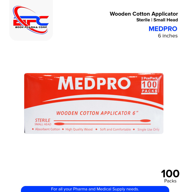 Wooden Cotton Applicator 6" ( MEDPRO ) 2pcs/Pack, Sterile Small Head 100Packs