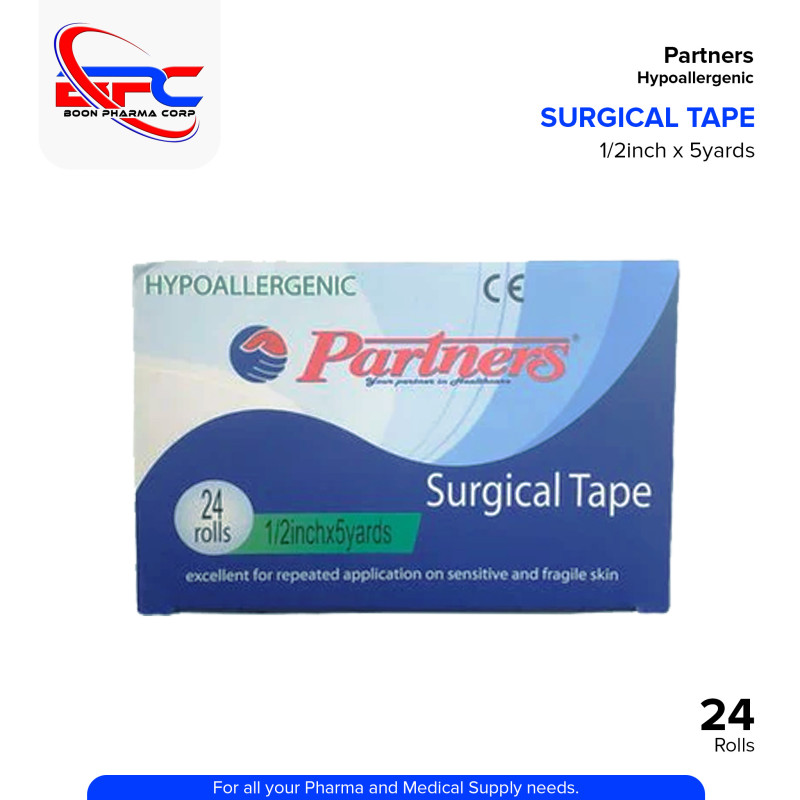 PARTNERS Surgical Tape Hypoallergenic 1/2 inch x 10 Yrads Rolls 24's