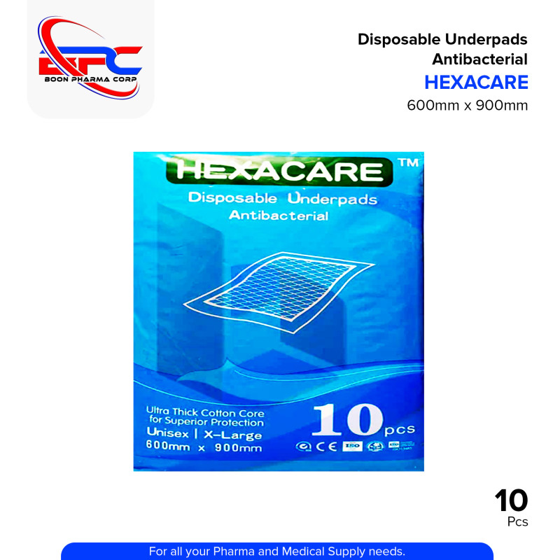 HEXACARE Disposable Underpads Antibacterial Ultra Thick Cotton Extra Large Pieces 10's
