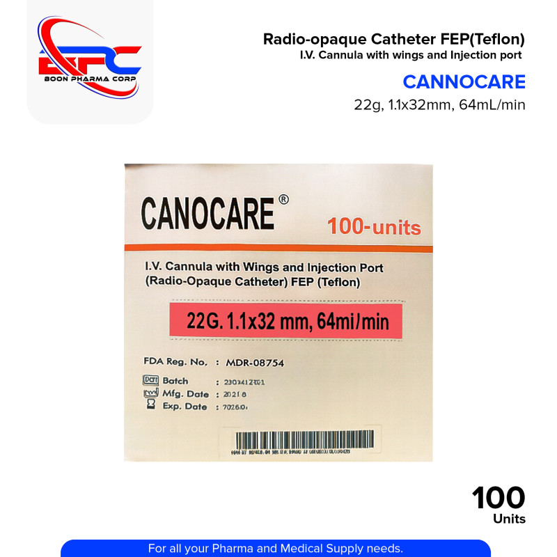 CANOCARE IV Cannula with Wings and Injection Port Radio Opaque Catheter 1.1x32mm Flowrate 60ml/min 20G 100's