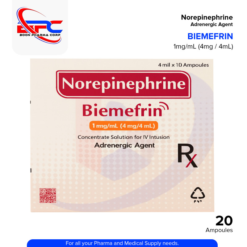 BIEMEFRIN Norepinephrine 1mg/ml (4mg/4ml) Concentrate Solution for IV Infusion Adrenergic Agent 10 Ampoule x 4ml