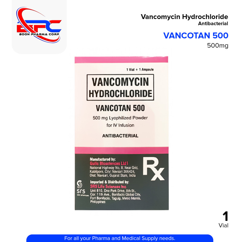 VANCOTAN 500 Vancomycin Hydrochloride 500mg Lyophilized Powder for IV Infusion Antibacterial 1 Vial + 1 Ampoule