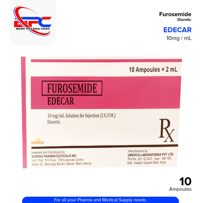 EDECAR Furosemide 10mg/ml Solution for Injection (IV/IM) 10 Ampoules x 2ml