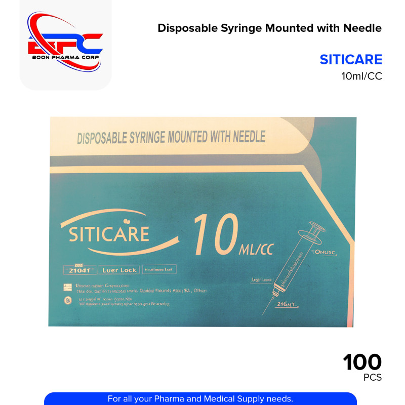 SITICARE Disposable Syringe Mounted with Needle 10ml/CC (21Gx1") Pieces 100's