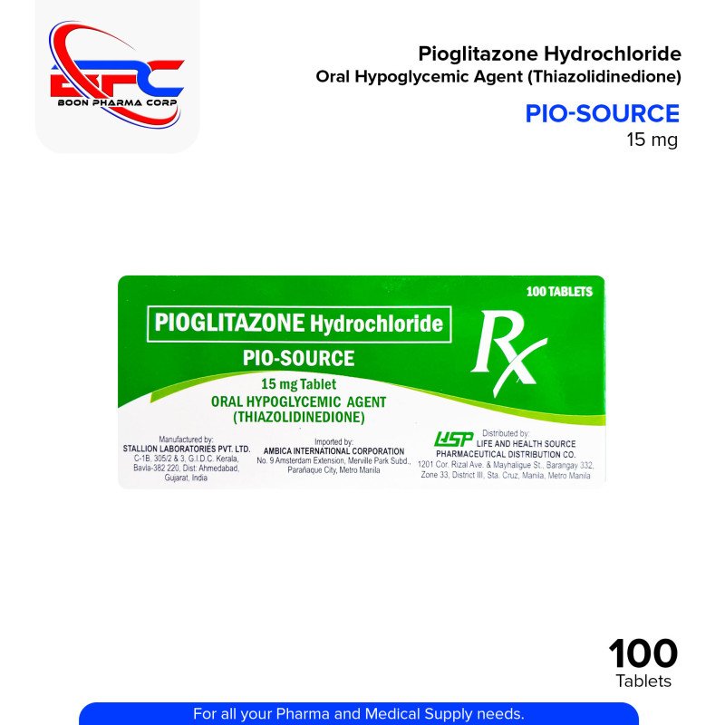 PIO-SOURCE Pioglitazone Hydrochloride Oral Hypoglycemic Agent Thiazolidinedione 15 mg Tablet 100's