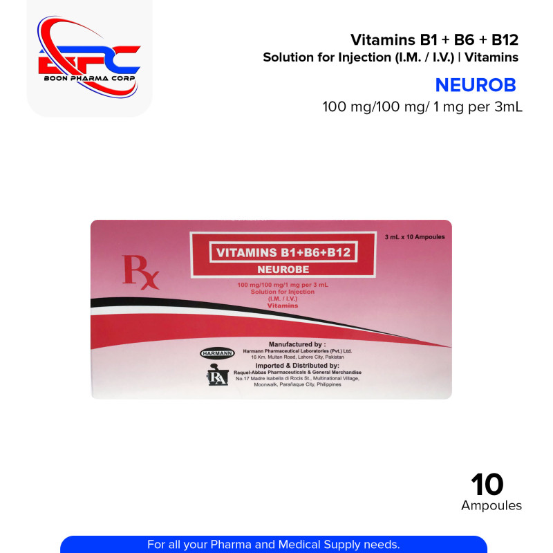 NEUROBE Vitamins B1 + B6 + B12 Solution for Injection (I.M / I.V.) 100 mg / 100 mg/1 mg per 3mL Ampoules 10's