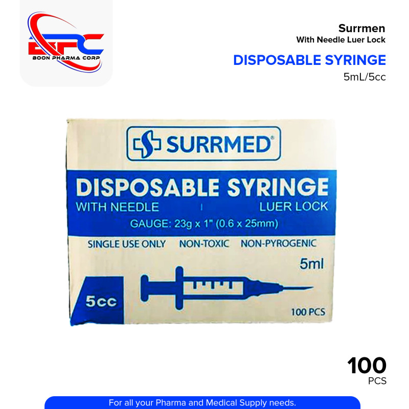 SURRMED Disposable Syringe With Needle 23g x 1 (0.6 x 25mm) 5ml 100's