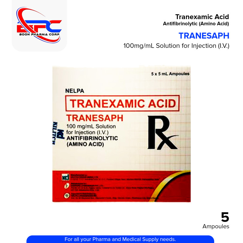 TRANESAPH Tranexamic Acid 100mg/ml Solution for Injection IV 5ml x Ampoules 5's
