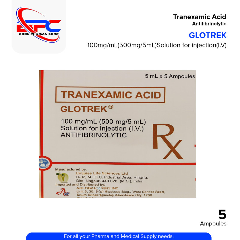GLOTREK Tranexamic Acid 100mg/ml (500mg/5ml) Solution for Injection (IV) 5ml x 5 Ampoules