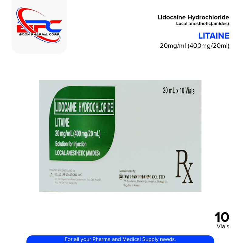 LITAINE Lidocaine Hydrochloride 20mg/ml (400mg/20ml) Solution for Injection 20ml x 10 Vials