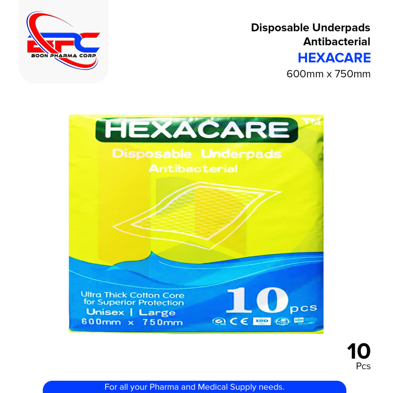 HEXACARE Disposable Underpads Antibacterial Ultra Thick Cotton Large Pieces 10's