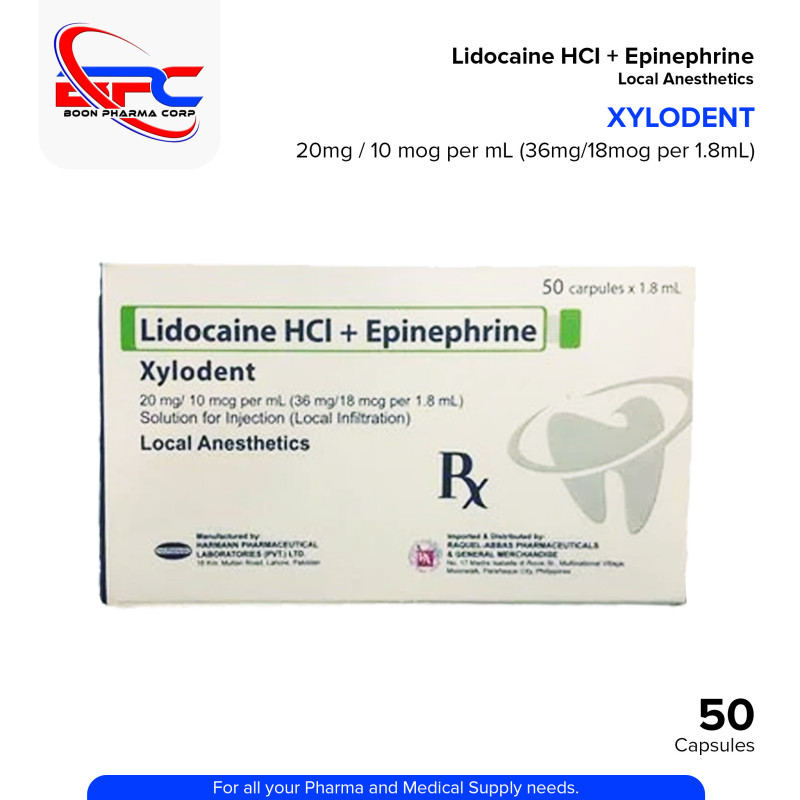 XYLODENT Lidocaine HCI + Epinephrine 20mg/10mcg per ml (36mg/18mcg per 1.8ml) Solution for Injection 50 Carpule x 1.8ml