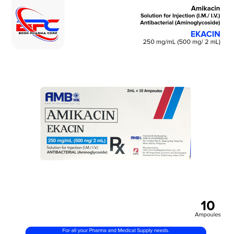 EKACIN Amikacin Solution for Injection 250 mg / mL (500 mg / 2 mL) Antibacterial Aminoglycoside 2mL x Ampoules 10's
