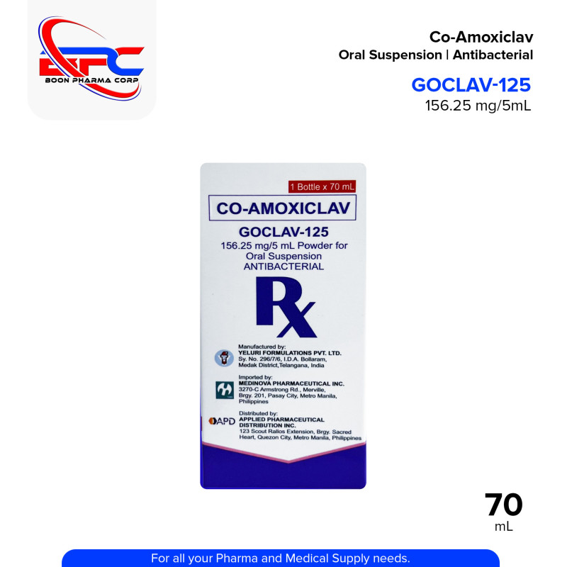 GOCLAV-125 Co-Amoxiclav Powder for Oral Suspension Antibacterial 156.25 mg / 5 mL 70mL Bottle 1's