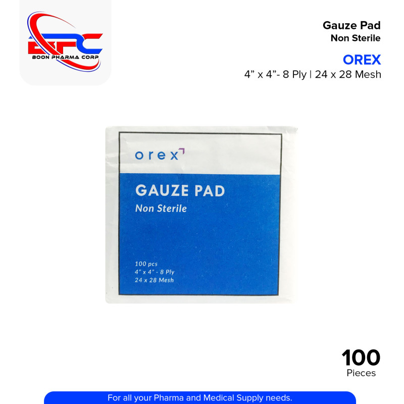 None Sterile Orex Gauze Pad Non Sterile 4" x 4" - 8 Ply 24 x 28 Mesh 100PCSGauze Pad (Orex) 4' x 4' - 8ply 24x28 Mesh 100's