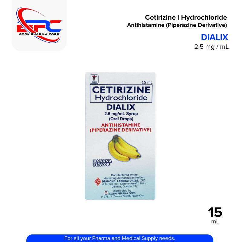 DIALIX Cetirizine Hydrochloride Antihistamine Piperazine Derivative 2.5 mg / mL Syrup Oral Drops 15mL