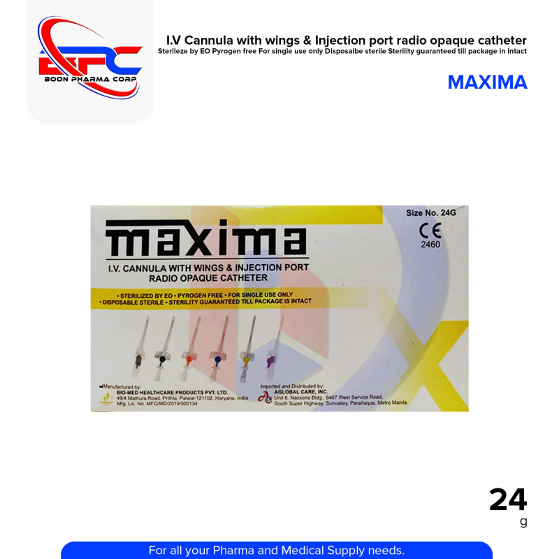 MAXIMA IV Cannula with Wings & Injection Port Radio Opaque Catheter Sterilized by EO Size No. 24G by 100's