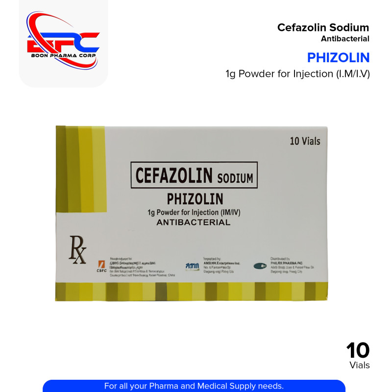 PHIZOLIN Cefazolin Sodium 1g Powder for Injection (I.M/I.V) Antibacterial Vials 10's