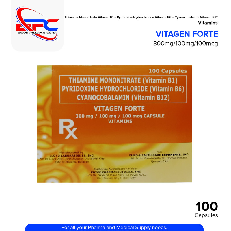VITGEN FORTE Thiamine Mononitrate Vitamin B1 + Pyridoxine Hydrochloride Vitamin B6 + Cyanocobalamin Vitamin B12 300mg/100mg/100mcg Capsule 100's