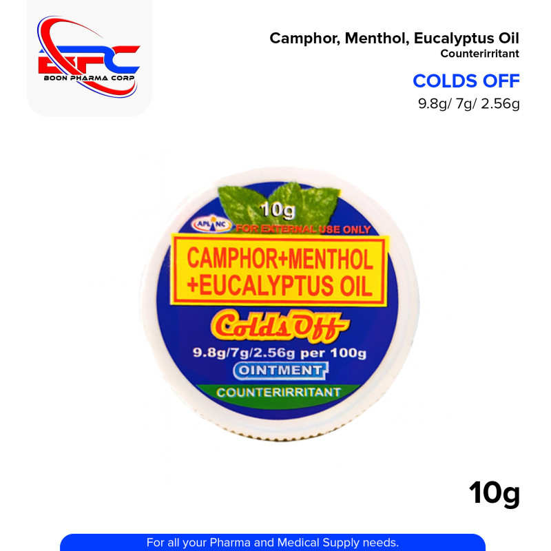 COLDS OFF Camphor + Menthol + Eucalyptus Oil 9.8g/7g/2.56g/ per 100g 10g Pieces 1's
