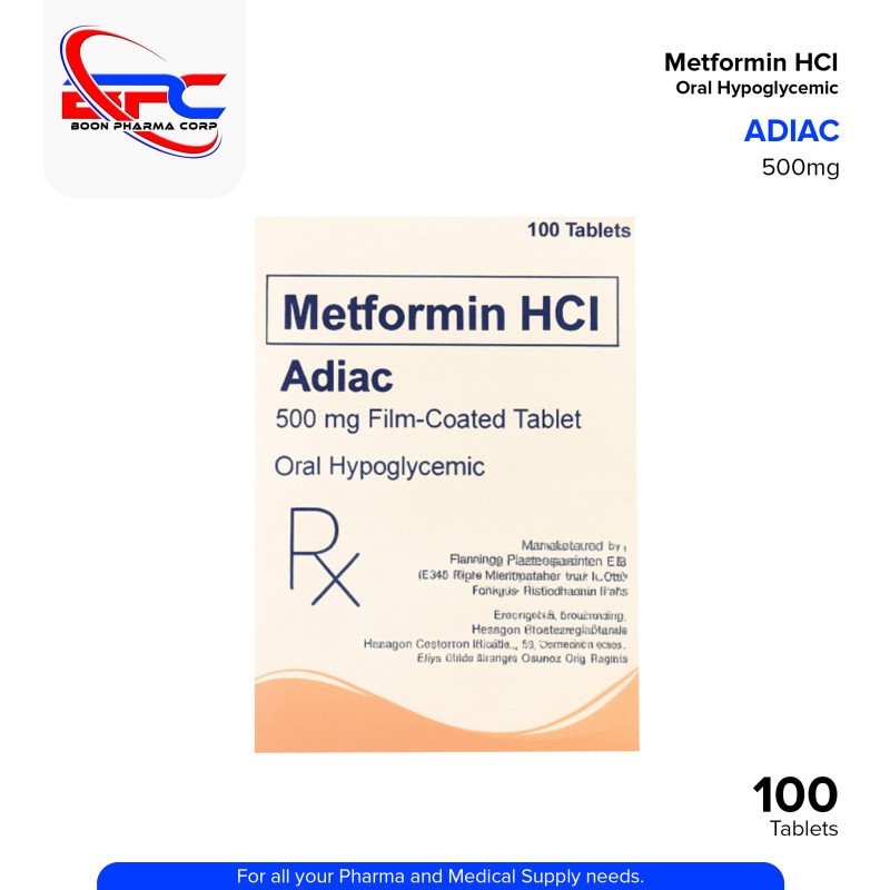 ADIAC Metformin HCI 500mg Film Coated Oral Hypoglycemic Tablets 100's