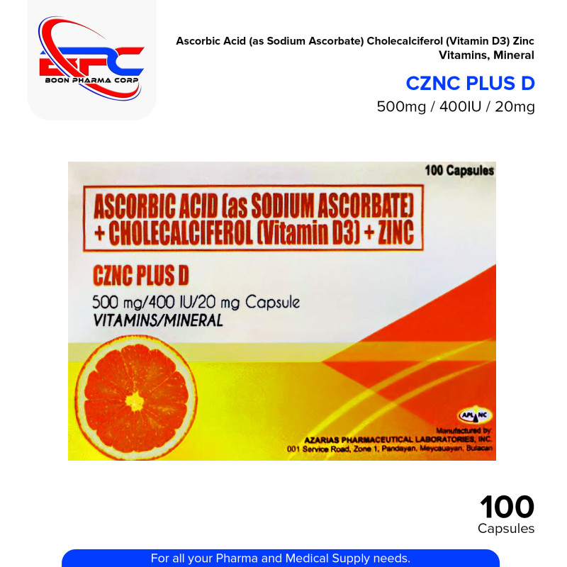CZNC PLUS D Ascorbic Acid (as Sodium Ascorbate) + Cholecalciferol (Vitamin D3) +Zinc 500mg/400IU/20mg Capsules 100's